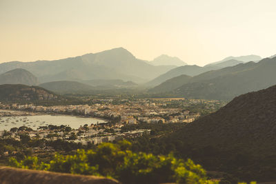 Scenic view of mountains against sky during sunset