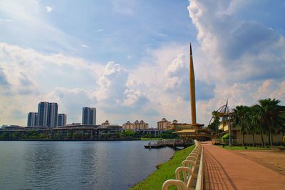 Panoramic view of buildings against cloudy sky