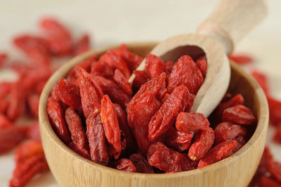 Close-up of chopped fruits in bowl on table