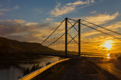 Scenic view of suspension bridge against sky at sunset