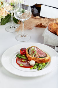 High angle view of food in plate on table