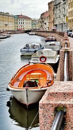 Boats in river in front of buildings