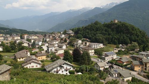 High angle view of houses in town