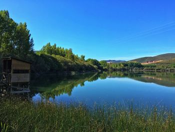 Scenic view of lake against blue sky