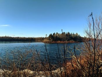 Scenic view of lake against clear blue sky