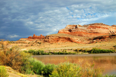 View of rock formations against cloudy sky