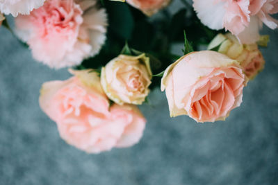 High angle view of roses and carnation flowers in vase