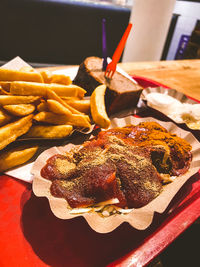 High angle view of meat and vegetables on table