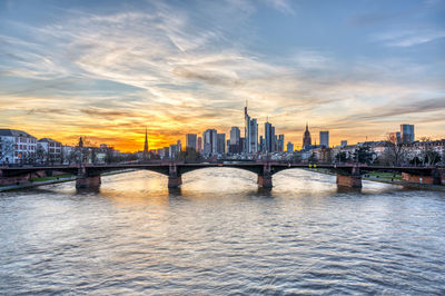 Dramatic sunset over downtown frankfurt and the river main