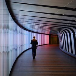 Rear view full length of businessman walking in modern building corridor