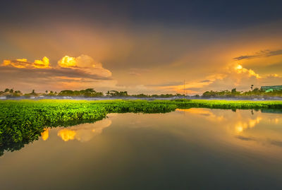 Scenic view of lake against sky during sunset