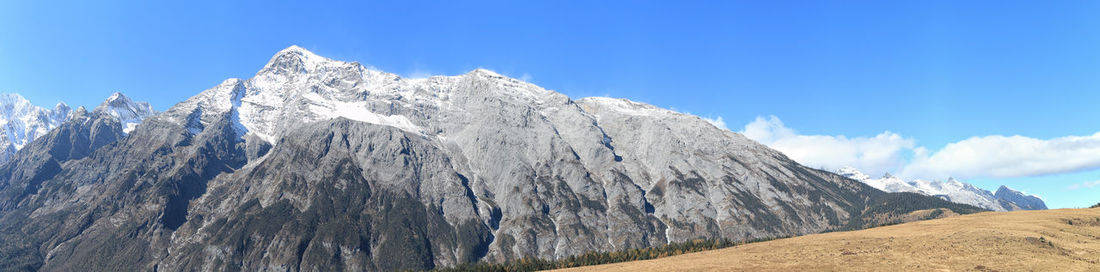 Low angle view of snow covered mountain against blue sky