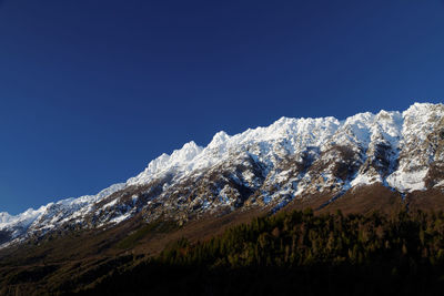 Low angle view of snow mountains against clear blue sky