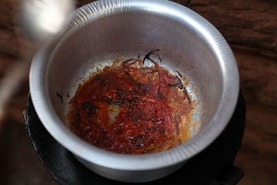 High angle view of meat in bowl on table