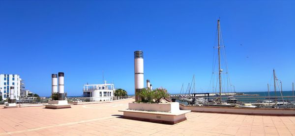 View of sea against clear blue sky