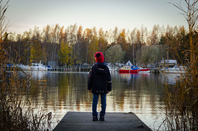 Rear view of man overlooking lake