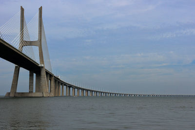 View of bridge over sea against cloudy sky