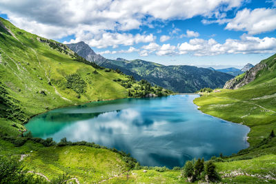 Scenic view of lake and mountains against sky