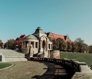 View of historic building, clear blue sky