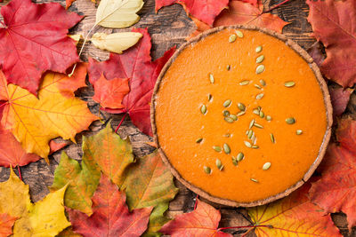 High angle view of orange maple leaves