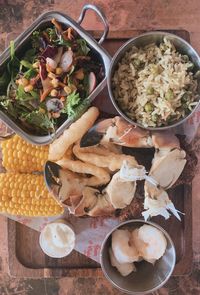 High angle view of meal served on table