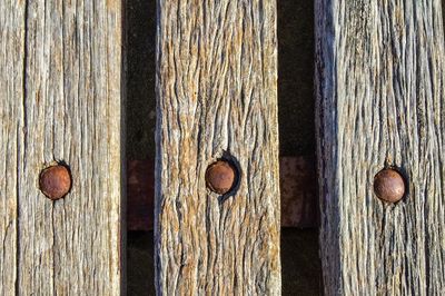Close-up of rusty metallic screws on weathered wooden planks