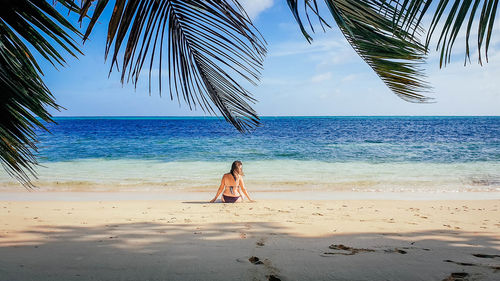 Woman from behind on sandy beach. one person, tropical, sea, beach.