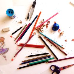 High angle view of multi colored pencils