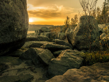 Rock formation amidst trees against sky during sunset