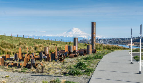 Metal artwork at dune peninsula park in ruston, washington.