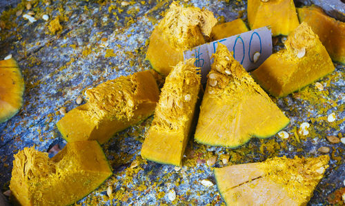 Close-up of sliced pumpkins for sale at market