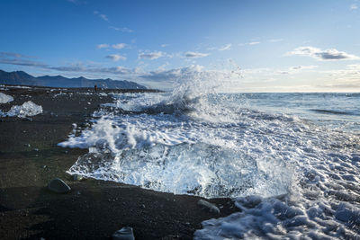 Ice formations on beach during sunrise, vestmannaeyjar, iceland, southern region