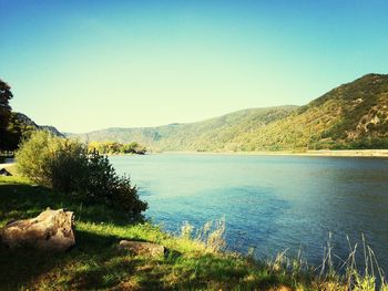 Scenic view of lake against clear sky