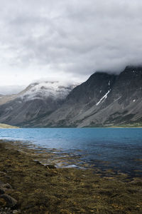 Scenic view of lake and mountains against sky