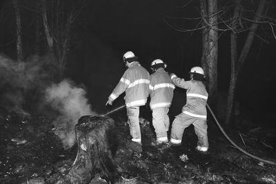 Rear view of people standing in forest