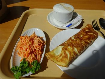 High angle view of food in plate on table