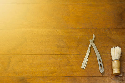 High angle view of text on wooden table
