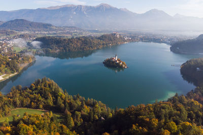 High angle view of lake amidst trees