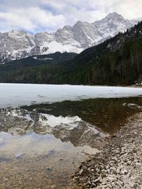 Scenic view of lake and snowcapped mountains against sky