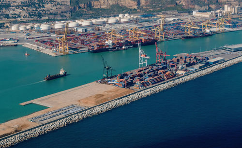 High angle view of ship at harbor