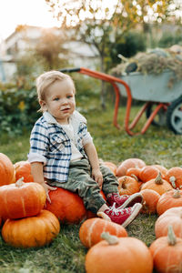 A blonde-haired baby is sitting on a pile of ripe pumpkins in the garden. harvest, autumn
