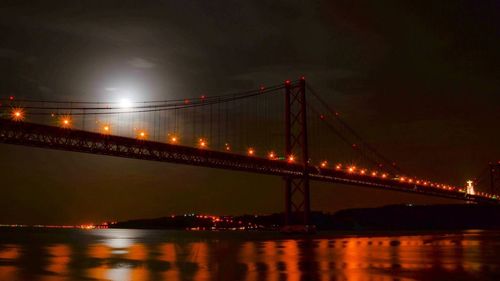 Low angle view of bridge over river against sky at night