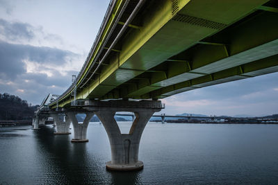 Low angle view of bridge over river against sky