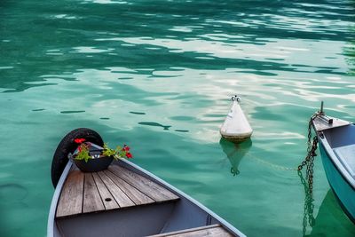 High angle view of boat moored in lake