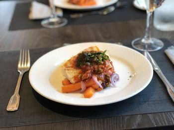 High angle view of food in plate on table