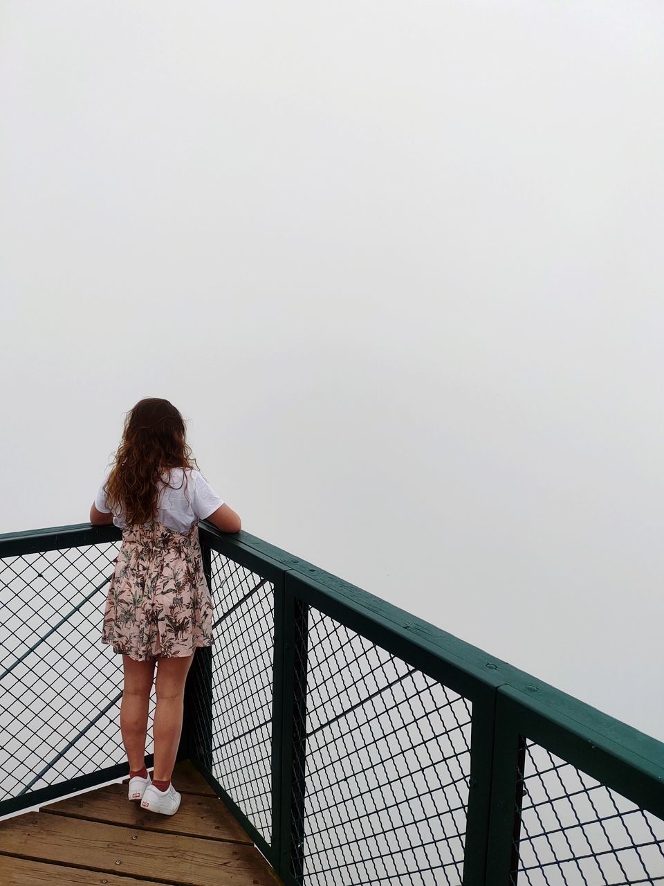 one person, full length, women, railing, copy space, rear view, standing, hairstyle, casual clothing, leisure activity, lifestyles, adult, sky, architecture, nature, child, female, long hair, childhood, looking, day, brown hair, built structure, young adult, outdoors, looking at view, spring, footwear, solitude, blue, dress, clothing, person