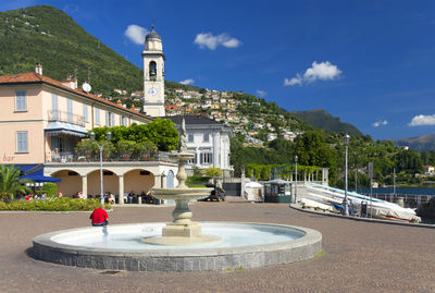 Fountain against built structures on landscape