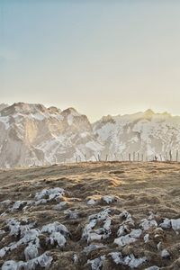 Scenic view of landscape and mountains against clear sky