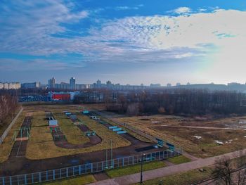 High angle view of buildings in city