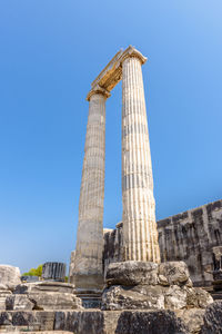 Low angle view of old temple against clear blue sky